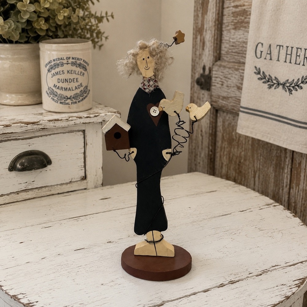 Vintage 1996 Primitive Folk Art Wooden Lady Figurine Birdhouse Birds 15 inch